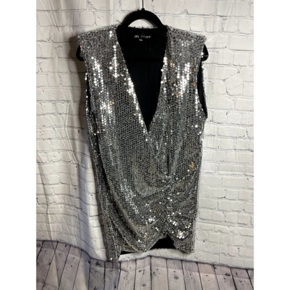 ZARA SILVER SLEEVELESS SEQUINED DRAPED MINI DRESS SIZE M . NEW WITHOUT TAGS